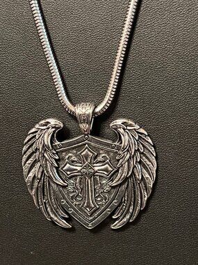 Stainless Steel Winged Shield Cross Motorcycle Pendant Necklace (295)